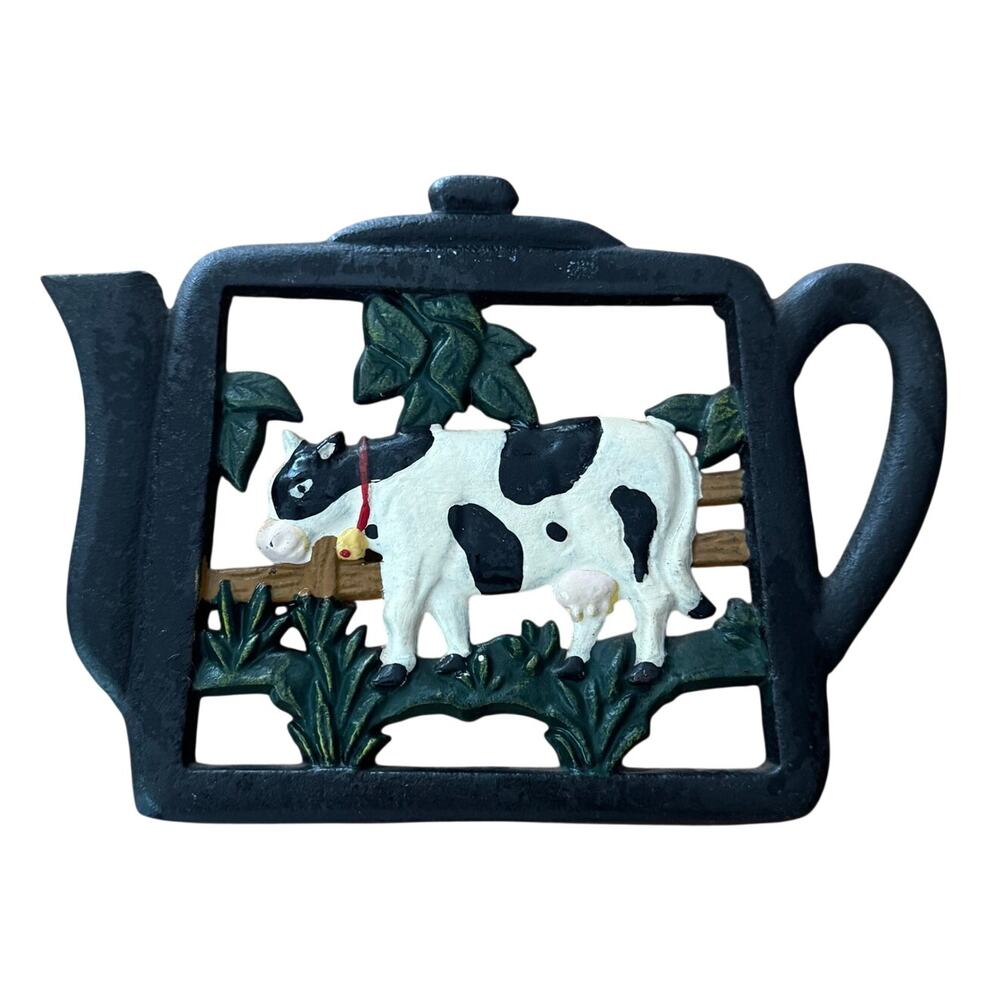 Vintage Black Cast Iron Tea Kettle Cow Wall Hanging 6x8 Kitchen Trivet Cottage